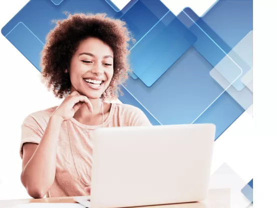 woman on laptop on a blue techno background